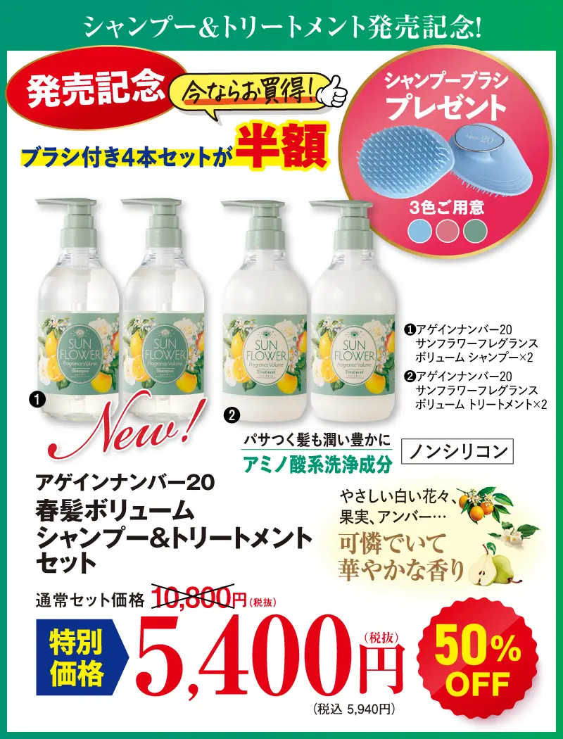アゲインナンバー20春髪ボリュームシャンプー＆トリートメント（2セット・4本）シャンプーブラシ付き